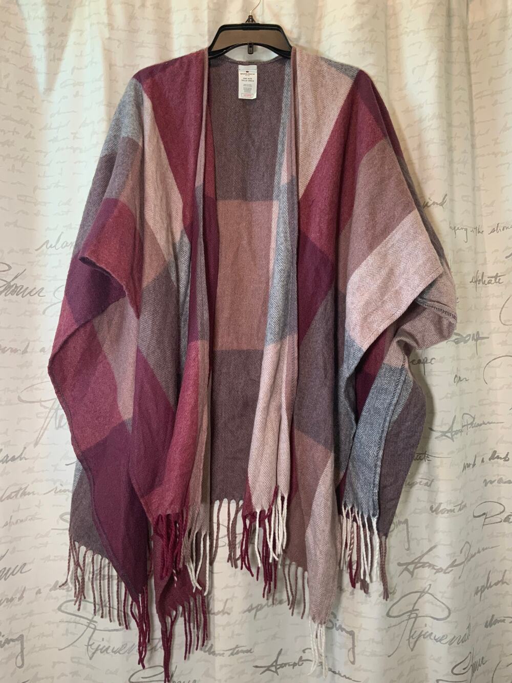 Woolrich Plaid Fringe Wrap Shawl One Size Purple Grey Burgundy Cozy Layering